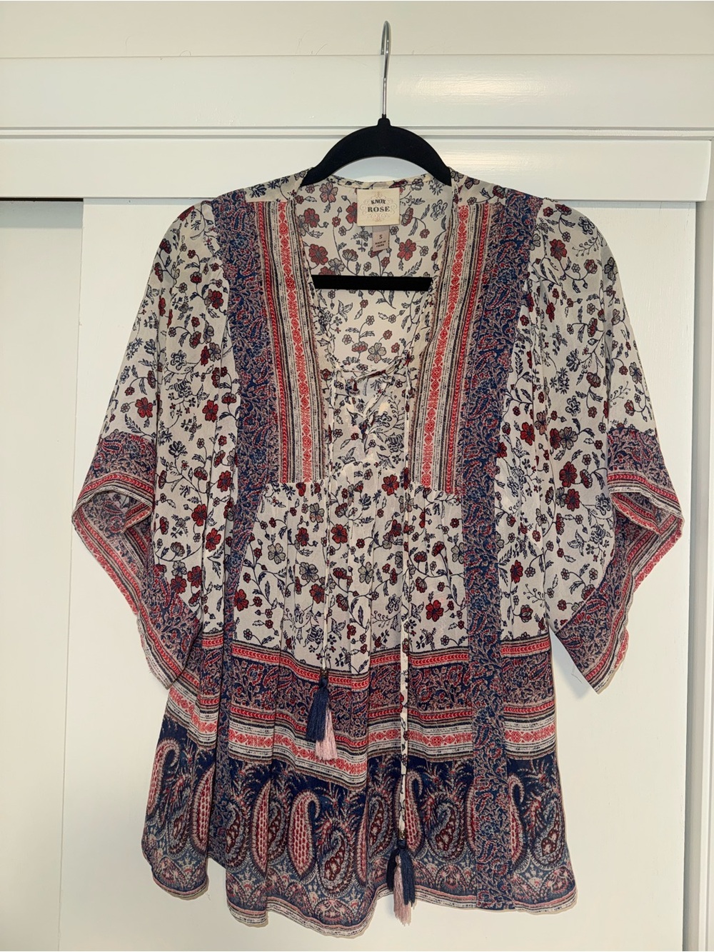 Knox Rose White Tunic with Red and Navy Paisley Accents. Small